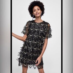 Zara Black and Gold Fringe Dress